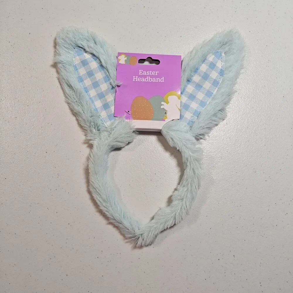 New DanDee Easter Bunny Ears Headband 8 Lot White Blue Plush Gingham Plaid NWT
